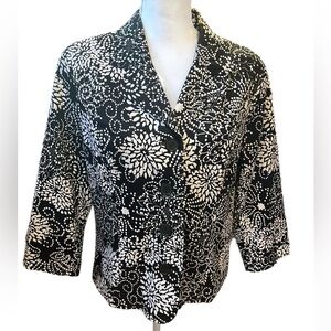 Trenz Womens Blazer Size Large Black White Floral Lined 4 Button Front